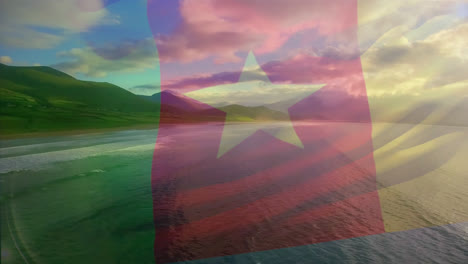 Animation-of-flag-of-ecuador-blowing-over-beach-landscape