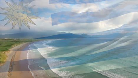Digitale-Komposition-Der-Wehenden-Uruguayischen-Flagge-Vor-Der-Luftaufnahme-Von-Strand-Und-Meereswellen