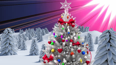 Animation-of-winter-land-scape-and-christmas-decoration-over-purple-glowing-rays