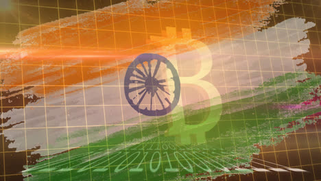 Animation-of-bitcoin-symbol-and-binary-coding-over-flag-of-india-in-background