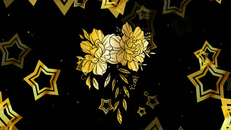 Animation-Von-Blumenlippen-Und-Goldenen-Sternen-über-Fallendem-Schnee-Auf-Schwarzem-Hintergrund