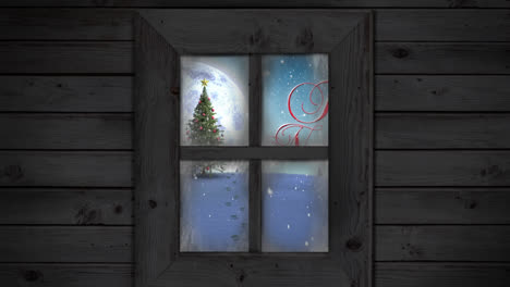 Animation-Eines-Weihnachtsbaums-In-Einer-Winterlandschaft,-Gesehen-Durch-Ein-Fenster