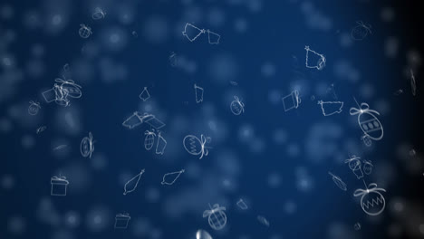 Multiple-christmas-gifts-icons-falling-over-white-spots-falling-against-blue-background