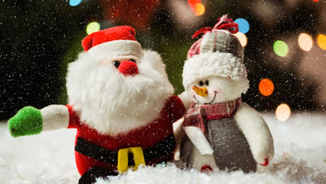 Snow-falling-over-santa-claus-and-snowman-against-spots-of-light