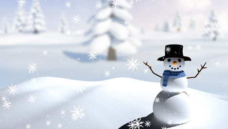Animación-De-Nieve-Cayendo-Sobre-Un-Muñeco-De-Nieve-Sonriente-En-Un-Paisaje-Invernal.
