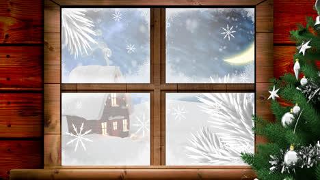 Animation-of-snow-falling-over-house-with-christmas-fairy-lights-seen-through-window