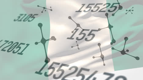 Animation-Von-Molekülen,-Die-Sich-über-Zahlen-Auf-Der-Nigerianischen-Flagge-Bewegen