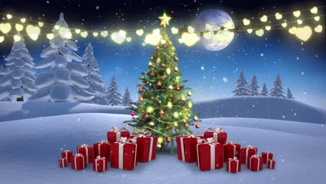 Animation-Von-Weihnachtslichtern,-Weihnachtsbaum-Und-Geschenken-In-Der-Nächtlichen-Winterlandschaft