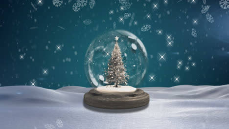 Snowflakes-falling-over-christmas-tree-in-a-snow-globe-against-blue-background