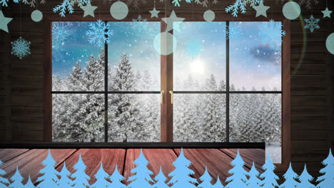 Christmas-tree-icons-and-hanging-decorations-over-window-frame-against-winter-landscape