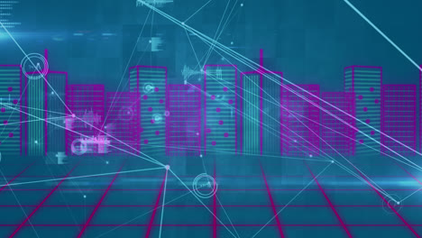Animation-of-network-of-connections-over-digital-city-on-blue-background