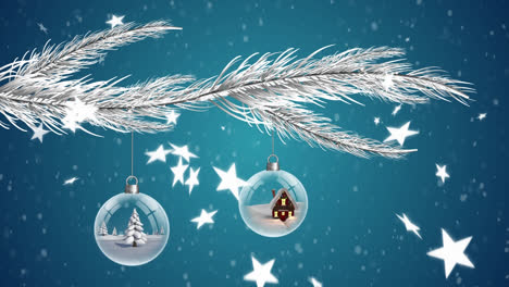 Animation-of-falling-stars-over-christmas-baubles-on-blue-background