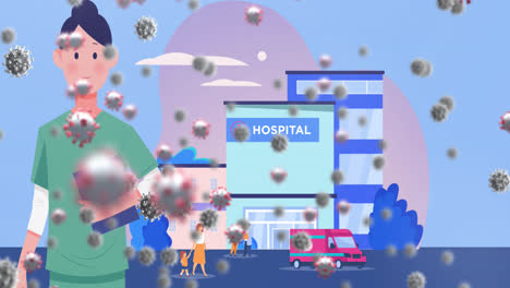 Animation-Von-Covid-19-Zellen-über-Der-Abbildung-Einer-Ärztin-Und-Eines-Krankenhauses