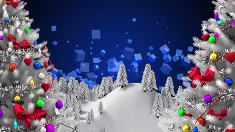 Animation-of-winter-land-scape-and-christmas-decoration-over-blue-geometrical-shapes