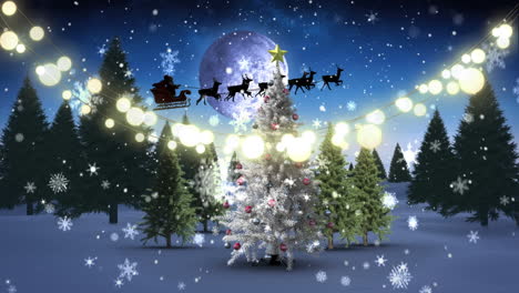 Animation-of-falling-snow-over-christmas-tree-and-winter-scenery
