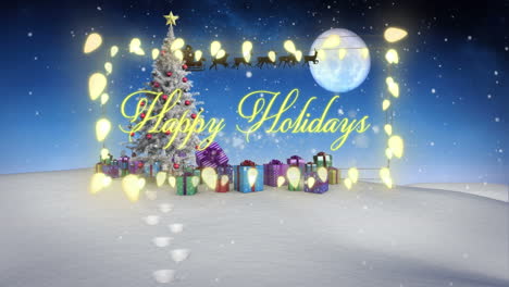 Animation-of-happy-holidays,-christmas-lights-and-santa-sleigh-in-night-winter-landscape