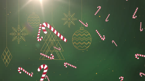 Animation-of-candy-cane-and-snow-falling-over-green-background