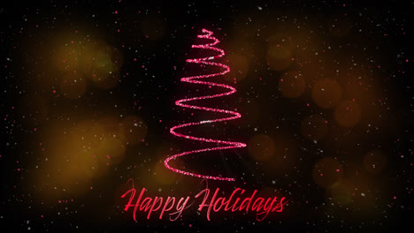 Snow-falling-over-shooting-star-forming-a-christmas-tree-and-happy-holidays-text-on-black-background