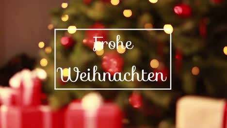 Animation-of-frohe-weihnachten-greeting-text-in-frame-over-christmas-decorations
