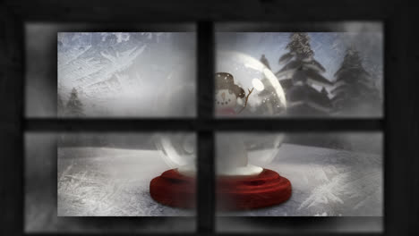 Animation-of-snow-falling-over-snow-globe-with-snowman-in-winter-scenery-seen-through-window