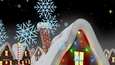 Animation-Von-Fallendem-Schnee-über-Winterlandschaftshäusern-Mit-Weihnachtlichen-Lichterketten