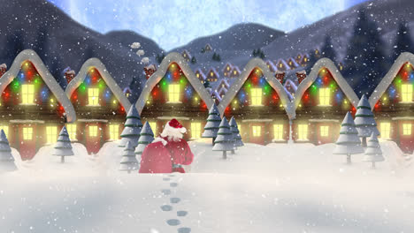 Snow-falling-over-rear-view-of-santa-claus-and-multiple-houses-and-trees-on-winter-landscape