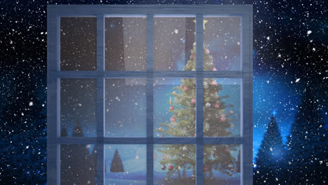 Animation-Von-Schnee,-Der-über-Einen-Weihnachtsbaum-In-Einer-Winterlandschaft-Fällt,-Gesehen-Durch-Ein-Fenster