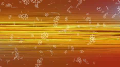 Animation-Von-Schnee,-Der-über-Leuchtende-Strahlen-Auf-Orangefarbenem-Hintergrund-Fällt