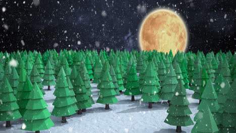 Animation-of-snow-falling-over-winter-night-landscape-with-fir-trees