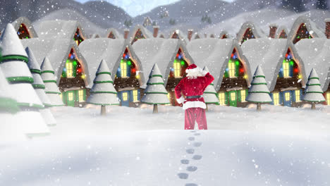 Schnee-Fällt-über-Die-Rückansicht-Des-Weihnachtsmanns-Und-Mehrere-Häuser-Und-Bäume-In-Der-Winterlandschaft