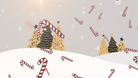 Animation-of-candy-cane-and-snow-falling-over-winter-landscape
