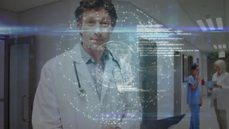 Animation-of-globe-of-connections-and-data-processing-over-caucasian-male-doctor-in-hospital