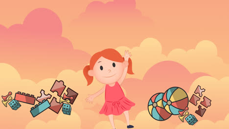 Animation-of-illustration-of-happy-girl-with-toys-over-orange-clouds-in-background