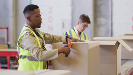 Diverse-male-workers-wearing-safety-suits-and-packing-boxes-in-warehouse