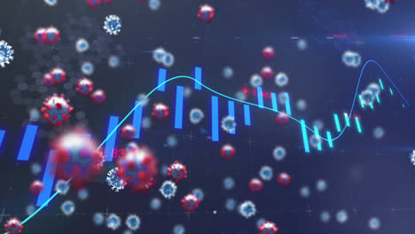 Digitale-Animation-Schwebender-Covid-19-Zellen-Und-Statistische-Datenverarbeitung-Auf-Blauem-Hintergrund