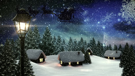 Schneeflocken-Fallen-über-Häuser-Und-Bäume-In-Der-Winterlandschaft-Vor-Leuchtenden-Sternen-Am-Nachthimmel