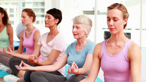 Group-of-content-women-in-fitness-studio-doing-yoga