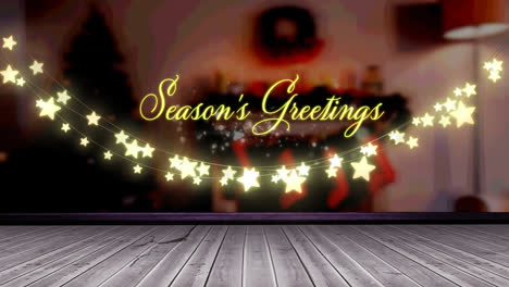 Animation-of-fairy-lights-and-seasons-greetings-text-over-wooden-boards