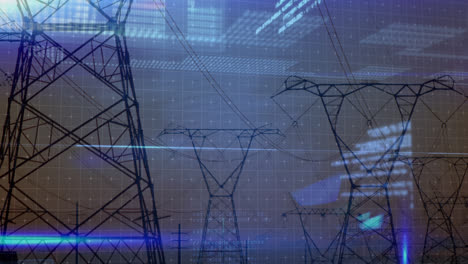 Animation-of-data-processing-and-light-trails-over-pylons-and-sky