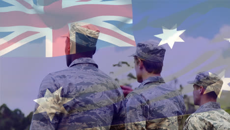 Animation-of-flag-of-australia-waving-over-diverse-soldiers