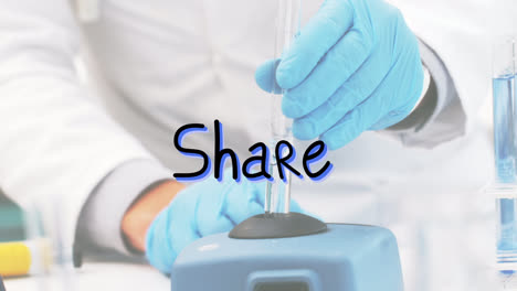 Animation-of-share-text-over-scientist-in-lab