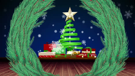 Weihnachtskranz-Und-Schneeflocken-Fallen-über-Weihnachtsbaum-Und-Geschenke-Symbole-Vor-Blauem-Hintergrund