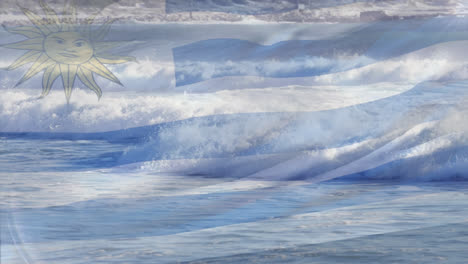 Digital-composition-of-waving-uruguay-flag-against-waves-in-the-sea
