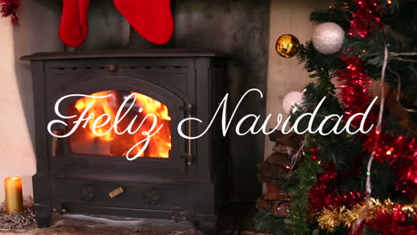 Animation-of-feliz-navidad-over-christmas-presents,-fireplace-and-tree