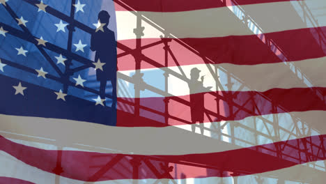 Animation-Von-Architekten-Auf-Gerüsten-Und-Amerikanischer-Flagge