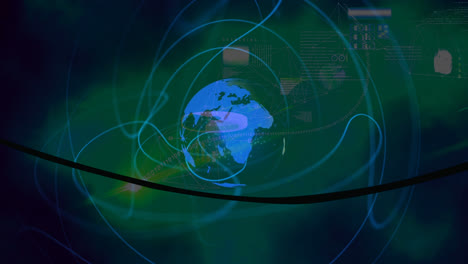 Animation-of-blue-waves-spreading-from-rotating-globe-in-dark-green-space