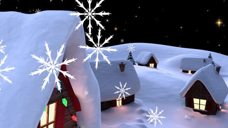 Animation-of-snow-falling-over-winter-scenery-houses-with-christmas-fairy-lights