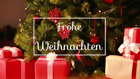 Animation-of-frohe-weihnachten-greeting-text-in-frame-over-christmas-tree-decorations-and-presents