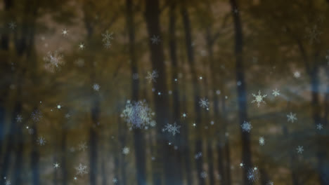 Animation-Von-Schnee,-Der-über-Berge-Und-Bäume-Auf-Braunem-Hintergrund-Fällt
