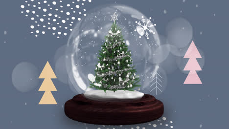 Shooting-star-around-christmas-tree-in-a-snow-globe-against-abstract-shapes-on-grey-background